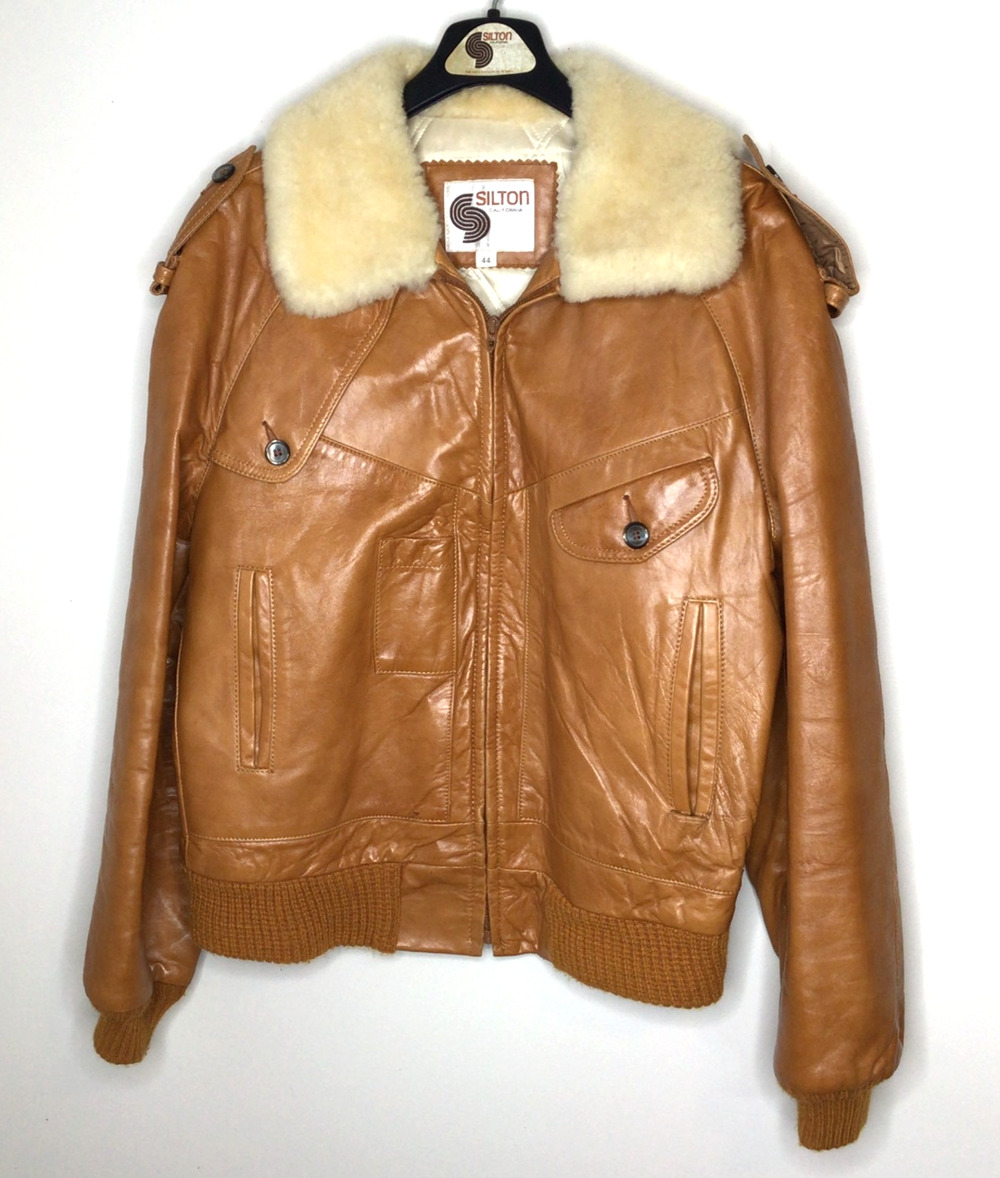 Vtg 70s Silton Caramel Leather Bomber Flight w/Sherpa Collar Size 44